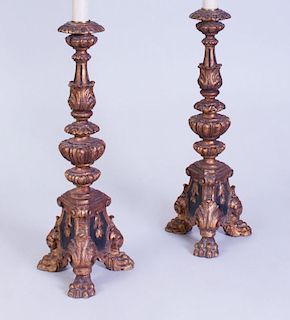 PAIR OF BAROQUE STYLE GILTWOOD CANDLESTICK LAMPS