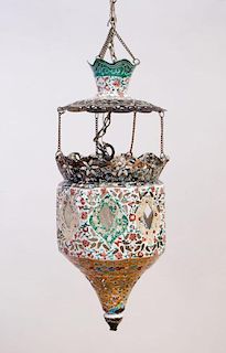 PERSIAN ENAMEL PIERCED-METAL MOSQUE LAMP