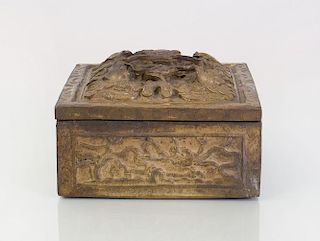 CHINESE BRONZE BOX AND COVER CAST WITH DRAGONS