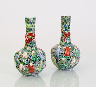 PAIR OF CHINESE FAHUA STYLE PORCELAIN BOTTLE VASES