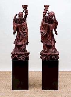 PAIR OF CHINESE HARDWOOD CARVINGS OF LUOHAN