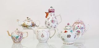 FIVE CHINESE EXPORT PORCELAIN TEAPOTS AND A COFFEE POT