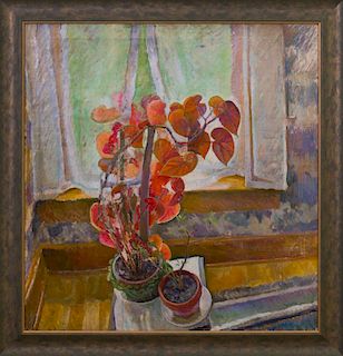 ATTRIBUTED TO JOSEPH PLAVCAN (1908-1981): STILL LIFE BEFORE AN OPEN WINDOW