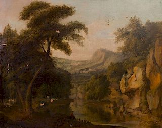 EUROPEAN SCHOOL: LANDSCAPE WITH FISHERMAN AND CATTLE