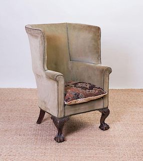 COLONIAL REVIVAL CARVED MAHOGANY WING CHAIR