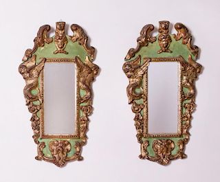PAIR OF ITALIAN ROCOCO STYLE GREEN PAINTED AND PARCEL-GILT MIRRORS