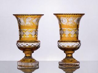 PAIR OF AMBER CASED CUT-GLASS URNS