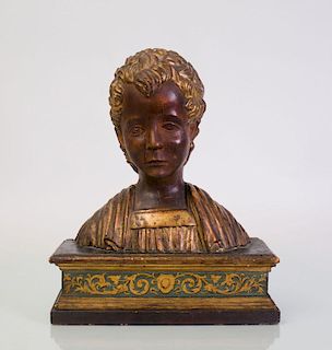ITALIAN PAINTED AND PARCEL-GILT BUST OF A BOY