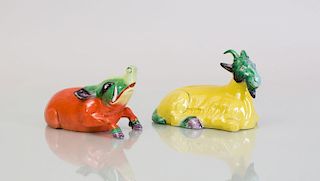 TWO FRENCH GLAZED PORCELAIN MODELS OF ANIMALS DECORATED IN THE CHINESE TASTE