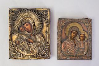 TWO RUSSIAN ICONS OF MADONNA AND CHRIST WITH METAL OKLADS