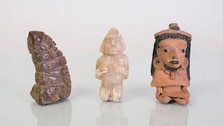 TWO PRE-COLUMBIAN STYLE CARVED STONE FIGURES AND A TERRACOTTA SEATED FIGURE