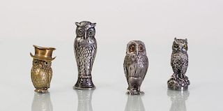 TIFFANY STERLING SILVER OWL-FORM CASTER, A CONTINENTAL SILVER OWL-FORM SEAL, A BRASS OWL-FORM VESTA CASE, AND A SILVER PLATE 