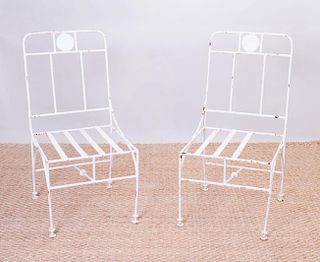 PAIR OF GIACOMETTI STYLE PAINTED IRON GARDEN CHAIRS
