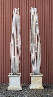 PAIR OF PAINTED IRON GARDEN TRELLISES ON SQUARE BASES