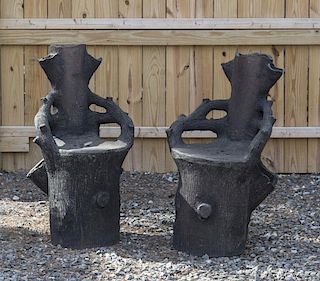 PAIR OF CLAYTON POTTERY STUMP-FORM GARDEN CHAIRS