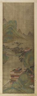 A Chinese Ink and Color Painting on Silk, After Wen Jia (1501-1583), Height 41 1/8 x width 14 1/2 inches.