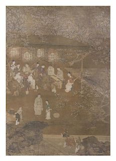 A Chinese Ink and Color on Silk Scroll Painting After Li Gonglin, Height 29 1/4 x width 21 1/8 inches.