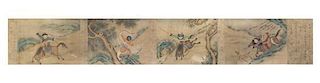 A Handscroll of a Hunting Scene after Jin Tingbiao, Length of painting 69 inches, length including colophons 144 3/4 inches.