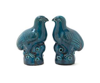 A Pair of Chinese Carved Turquoise Glaze Quails, Height 7 3/4 inches.