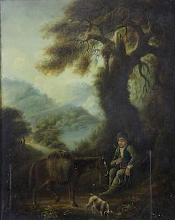 18th C. Oil on Panel. Traveler with Horse and Dog