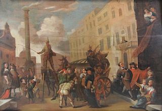 18th Century Oil on Panel. Carnival Street Scene.
