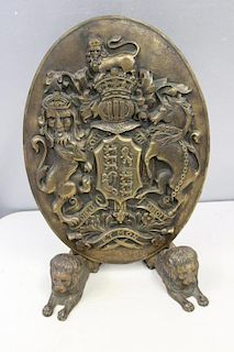 Heavy Antique Gilt Metal Shield on Lion