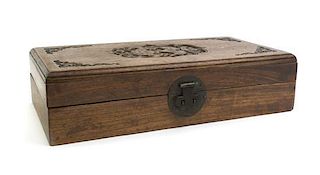 A Chinese Hardwood Document Box, Height 3 1/8 x width 12 1/2 x depth 6 1/2 inches.