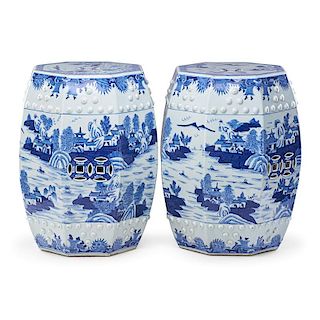 PAIR OF CHINESE BLUE AND WHITE GARDEN SEATS