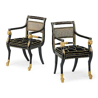 PAIR OF REGENCY PAINTED AND PARCEL GILT ARMCHAIRS