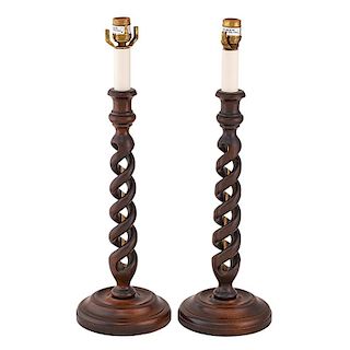 PAIR OF TURNED WOOD CANDLESTICK LAMPS