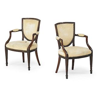 PAIR OF GEORGE III STYLE UPHOLSTERED ARMCHAIRS