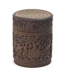 A Chinese Carved Bamboo Cylindrical Covered Box, Height 6 1/4 inches.