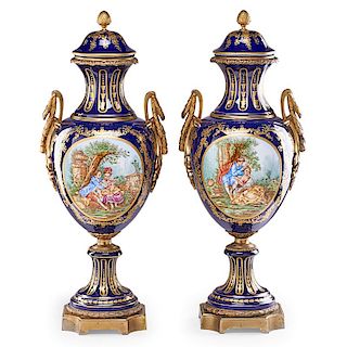 PAIR OF LARGE SEVRES STYLE PORCELAIN URNS