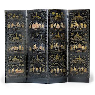 DUTCH CHINOISERIE DECORATED LEATHER SCREEN