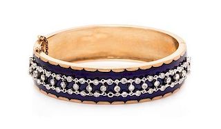* A Victorian Rose Gold, Platinum, Diamond and Enamel Bangle Bracelet, 25.90 dwts.