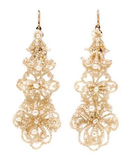 * A Pair of Victorian Yellow Gold, Seed Pearl and Mother-of-Pearl Pendant Earrings, 9.00 dwts.