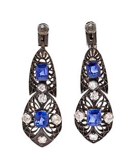 A Pair of Silver Topped Gold, Sapphire and Diamond Earclips, 6.60 dwts.