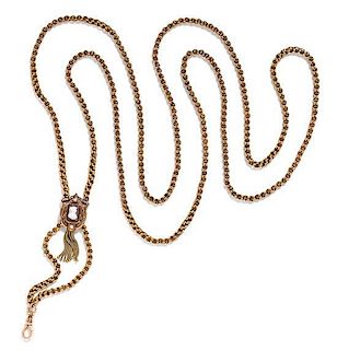 A Victorian Yellow Gold Longchain with Agate Cameo, Seed Pearl and Enamel Slide Pendant, 33.70 dwts.