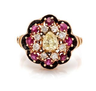 A Yellow Gold, Colored Diamond, Diamond, Ruby and Enamel Ring, 4.50 dwts.