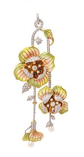 An 18 Karat Bicolor Gold, Diamond, Cultured Pearl and Plique-a-Jour Convertible Pendant/Brooch, Masriera, 33.60 dwts. (pendan