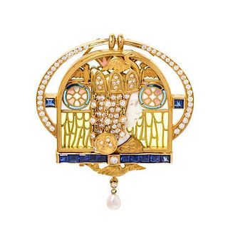 A Limited Edition Yellow Gold, Diamond, Sapphire, Antique Ivory, Cultured Pearl and Plique-a-Jour 'Isolde' Pendant/Brooch, Ma