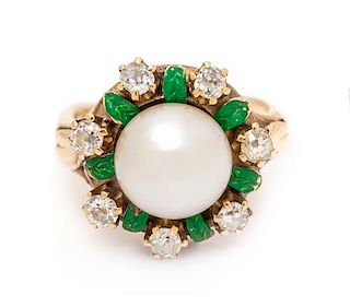 * An Art Nouveau 14 Karat Yellow Gold, Pearl, Diamond, and Enamel Ring, 3.50 dwts.