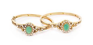 A Pair of Victorian Yellow Gold, Chrysoprase and Pearl Bangle Bracelets, Circa 1893, 19.70 dwts.