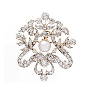 * An Edwardian Platinum Topped Yellow Gold, Pearl and Diamond Pendant/Brooch, 11.70 dwts.