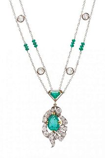 A Platinum, Yellow Gold, Emerald and Diamond Lavalier Necklace, 10.55 dwts.
