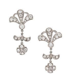 * A Pair Antique White Gold and Diamond Pendant Earclips, 7.20 dwts.