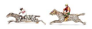 * A Collection of Antique Platinum, Yellow Gold, Diamond and Polychrome Enamel Horse and Jockey Brooches, 12.80 dwts.