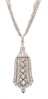 * An Art Deco Platinum, Diamond and Synthetic Sapphire Pendant Watch Necklace, A. LeCoultre for Lebolt & Co., 22.75 dwts.
