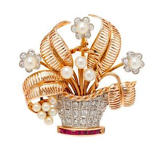A Retro Rose Gold, Platinum, Cultured Pearl, Diamond and Ruby Giardinetto Brooch, 10.40 dwts.