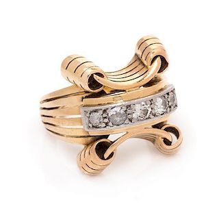 A Retro Platinum Topped Rose Gold and Diamond Ring, 6.30 dwts.